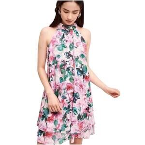 Eliza J Pink Floral One-Shoulder Halter Dress with Green Leaf Print